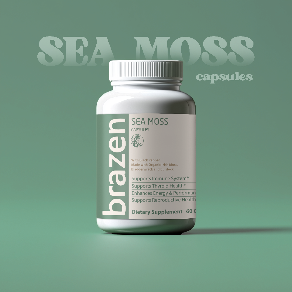 Brazen Sea Moss capsules bottle on a green background