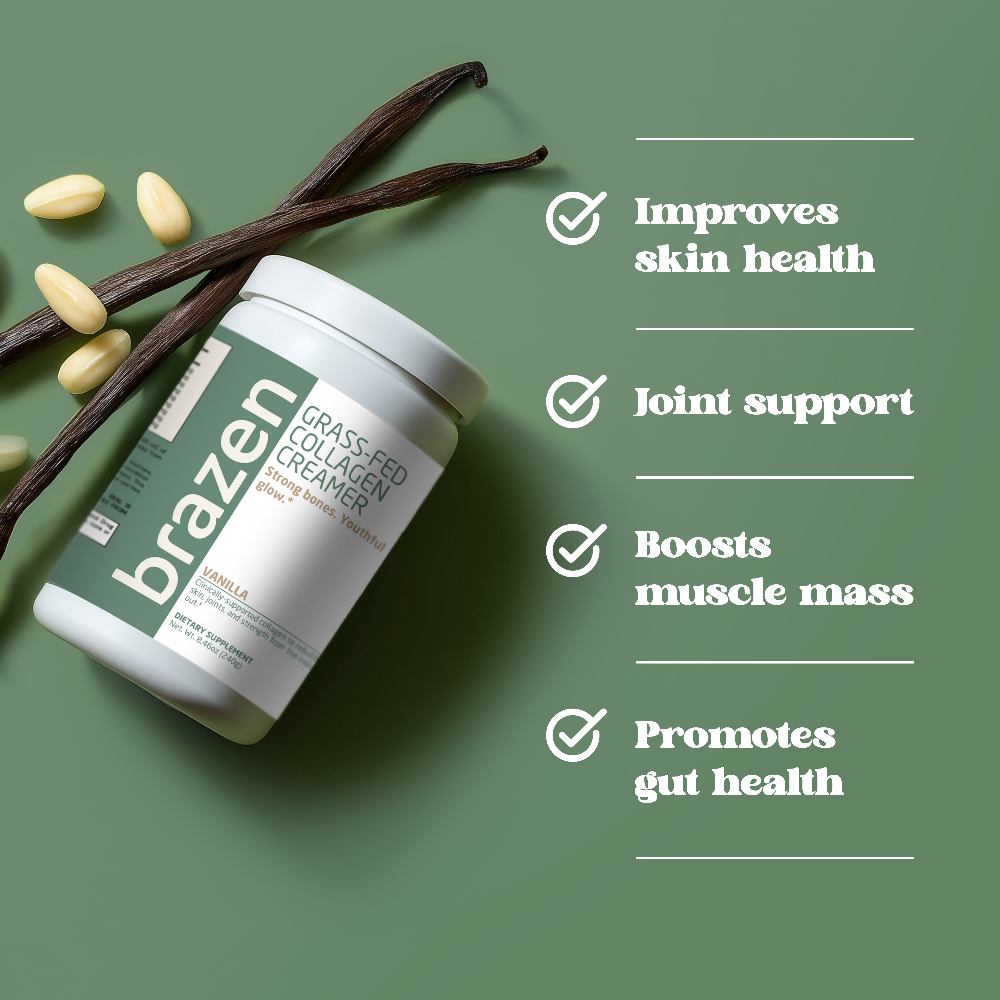 Container of brazen grass-fed collagen creamer with vanilla beans and nuts on a green background