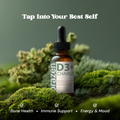 Brazen D3+ Charge supplement bottle on a green background with text about health benefits.