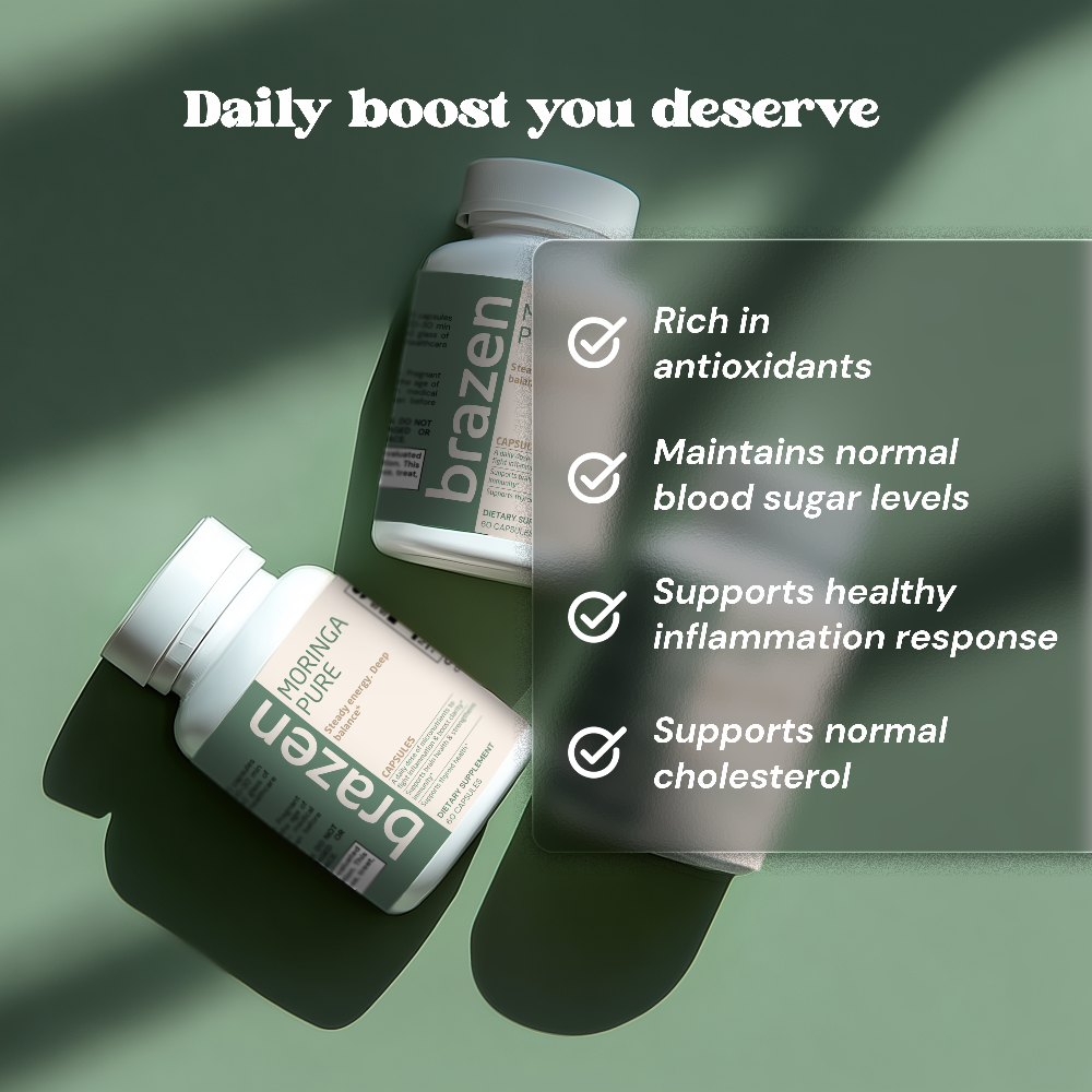 Two bottles of Brazen supplements on a green background with text highlighting benefits.