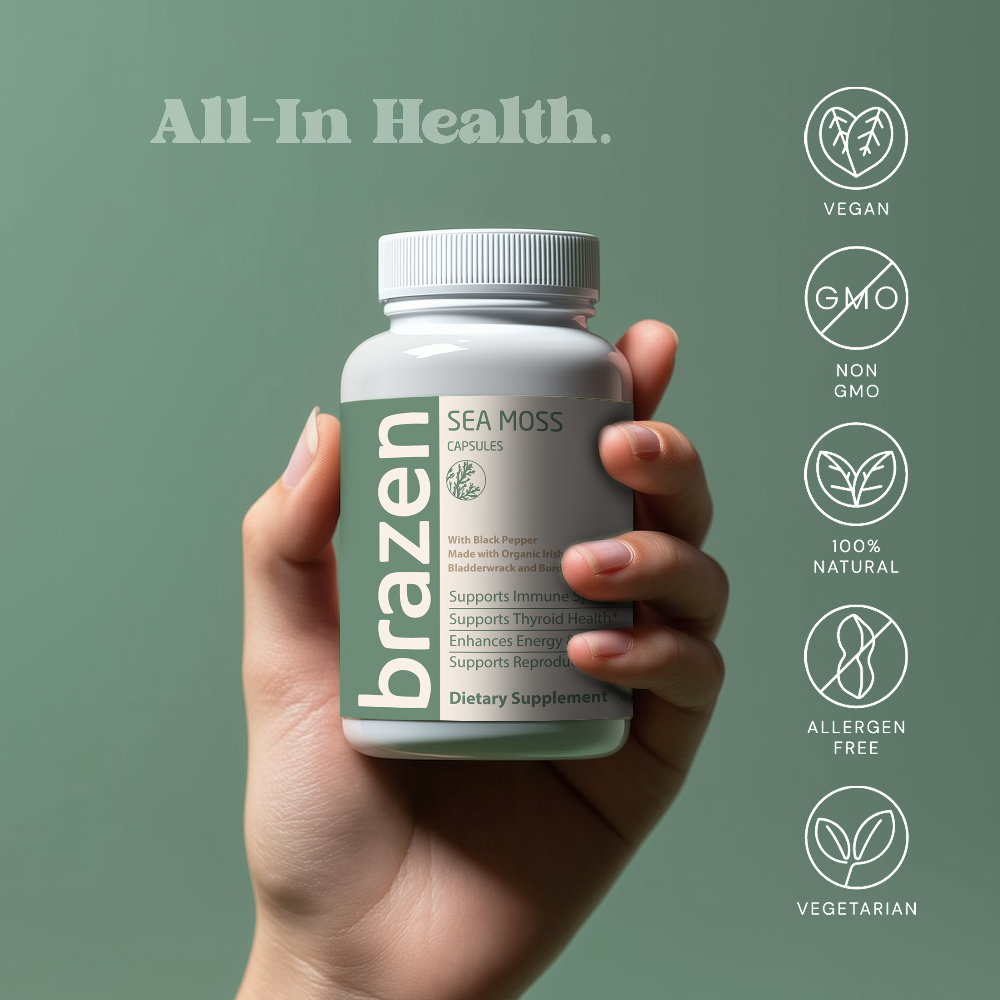 Hand holding a brazen Sea Moss supplement bottle with green background and health benefits icons.