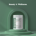 Brazen grass-fed collagen creamer container on a green platform with 'Beauty & Wellness' text above.