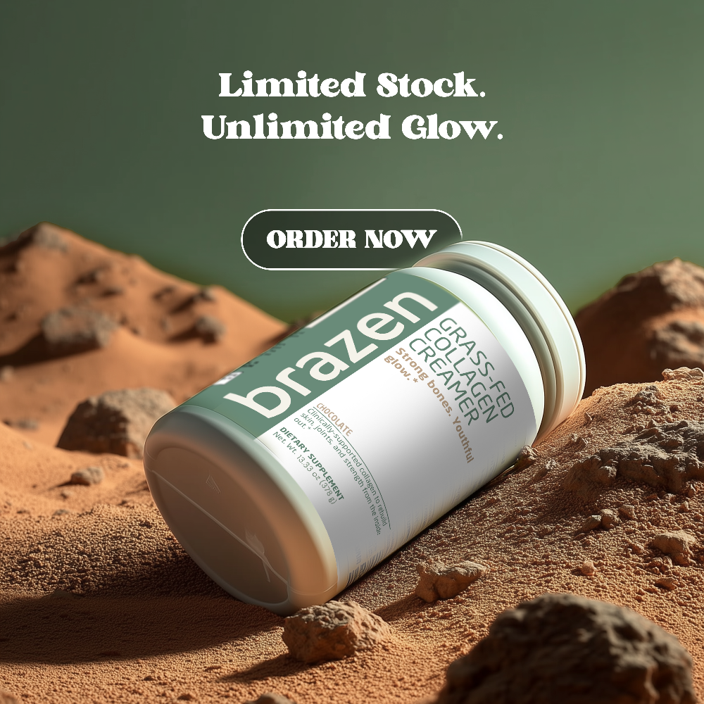 Brazen grass fed creamer container on a desert background with promotional text.