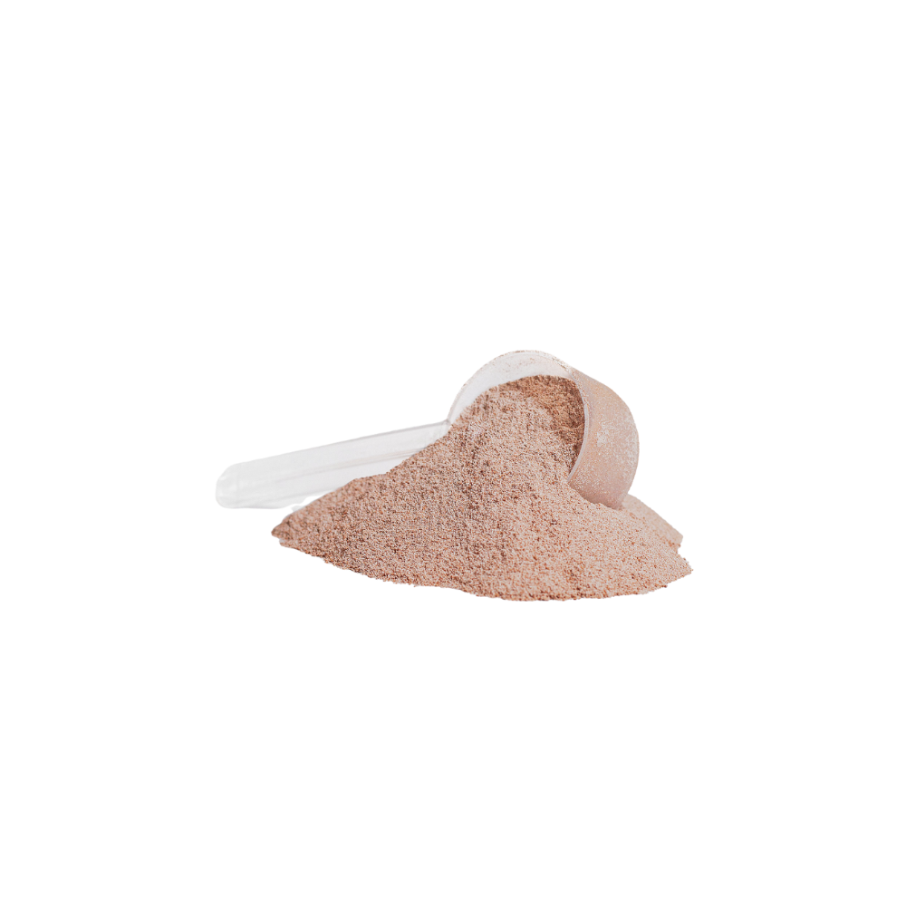 Scoop of brown powder on a white background
