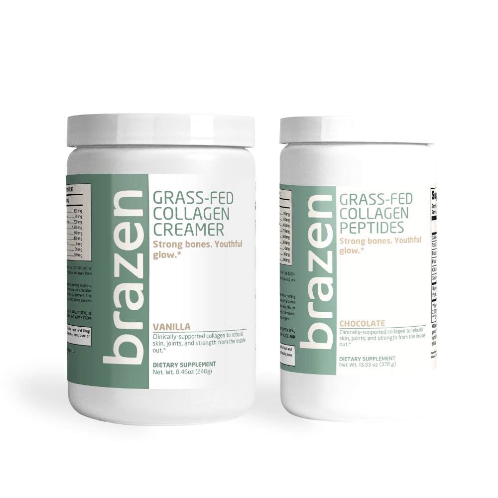 Two containers of brazen grass-fed collagen products on a white background