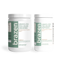Two containers of brazen grass-fed collagen products on a white background