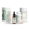 Collection of brazen supplement bottles and containers on a white background